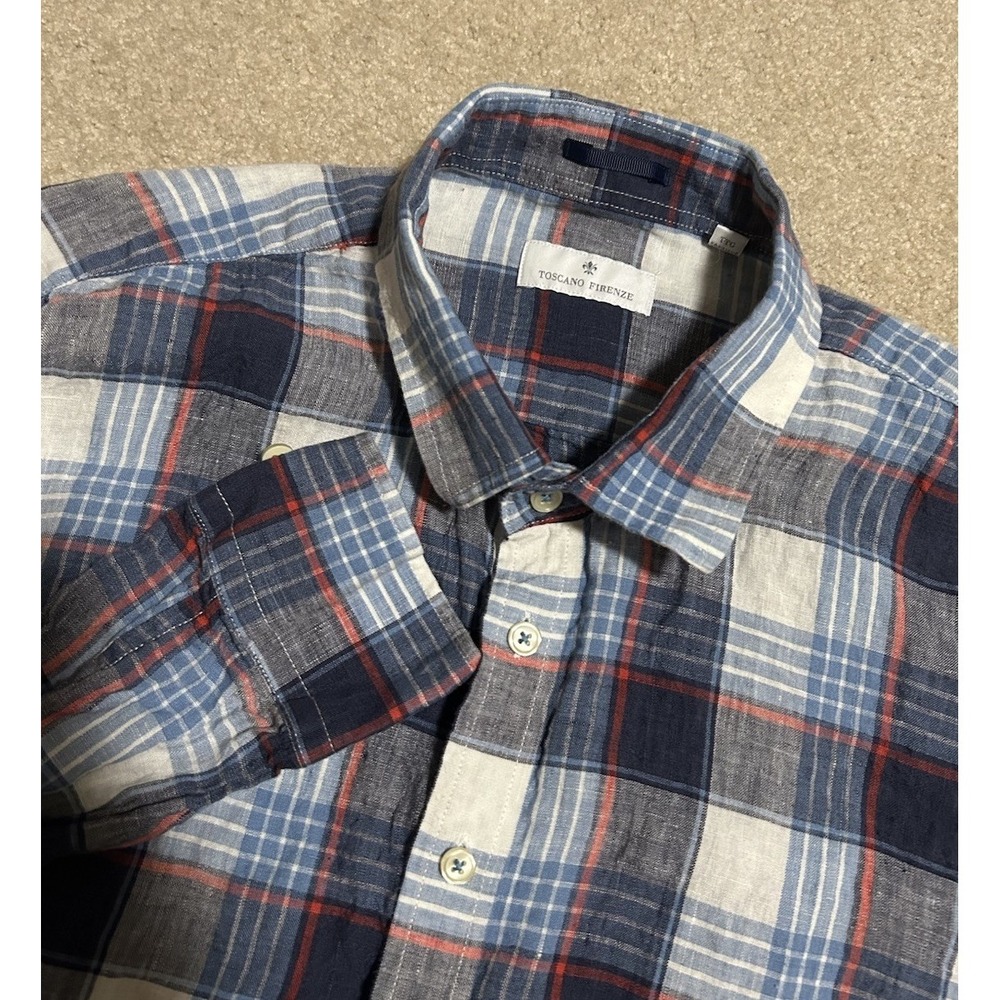 TOSCANO FIRENZE Mens 100% Linen Blue Plaid Shirt Lightweight Casual Button Down